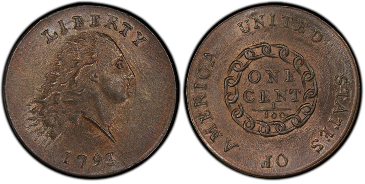 1793 Flowing Hair Cent. Chain Reverse. S-3. AMERICA.  No Periods. MS-65 RB (PCGS). 